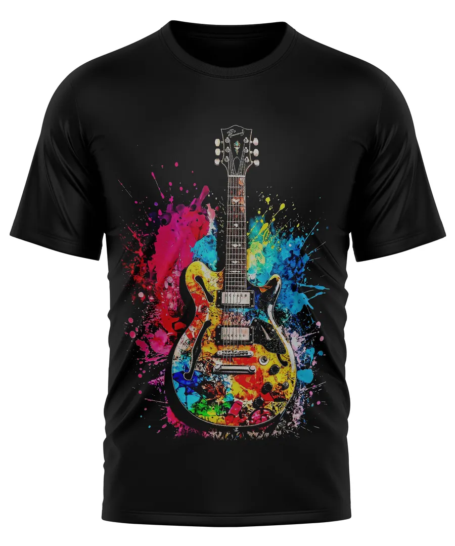 Camiseta negra con un diseño musical multicolor