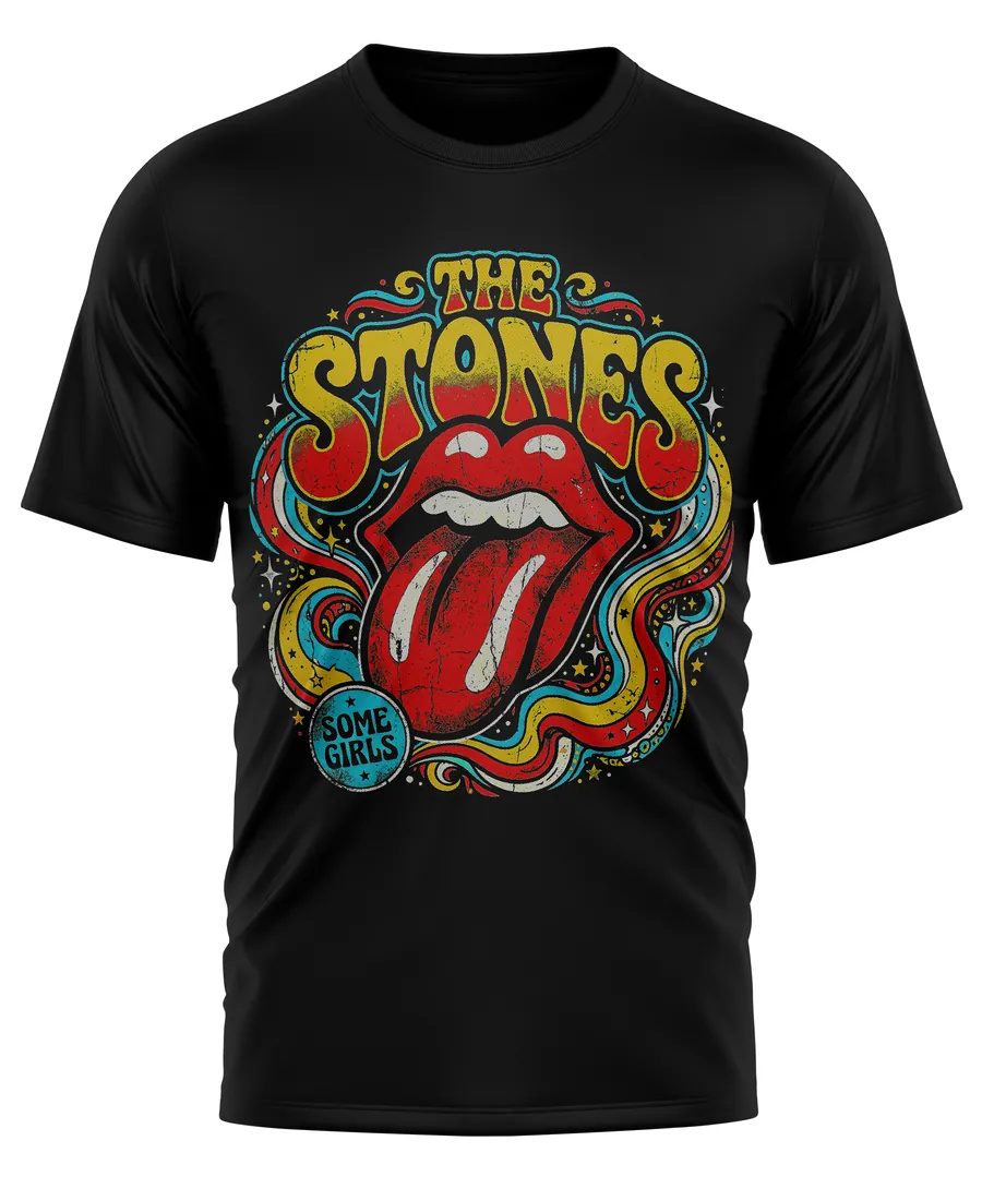 Camiseta negra con un diseño retro de música