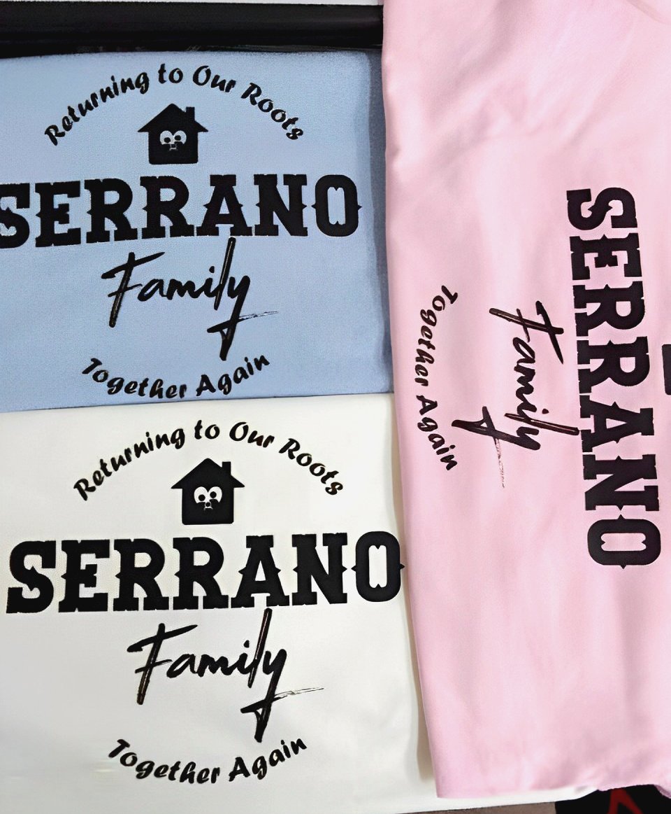 Prendas familiares personalizadas en rosa, blanco y azul
